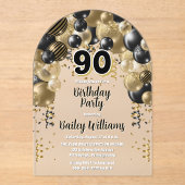 Black Gold Balloons 90e verjaardag Acryl Uitnodigingen (Voorkant)