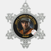 Black Gold Baseball Player Photo High School Tin Sneeuwvlok Ornament (Voorkant)