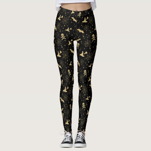 Black Gold Bat Witch Petten Skulls Glitter Hallowe Leggings (Voorkant)