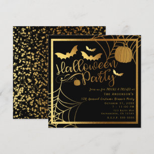 Black & Gold Bats Pumpkin Elegant Halloween Party Kaart
