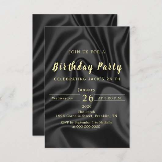 Black & Gold Birthday Invitation Kaart (Voorkant / Achterkant)