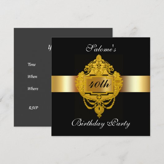 Black Gold Birthday Party Invitation black gold Kaart (Voorkant / Achterkant)