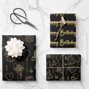 Black/Gold Birthday Pattern Inpakpapier Vel