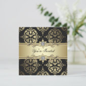 Black Gold Black Damask Uitnodigingen voor feesten (Staand voorkant)