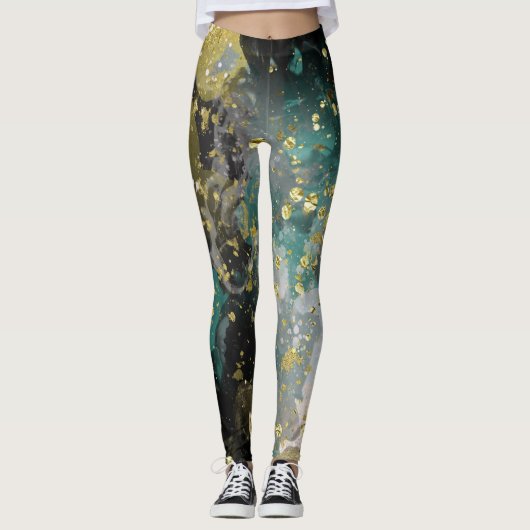 Black Gold Blauwgroen Green Grunge Splatter Mode Leggings (Voorkant)