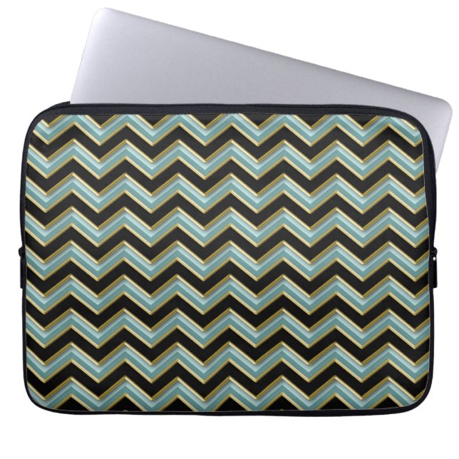 Black Gold Blauwgroen ZigZag Laptop Sleeve (Voorkant)