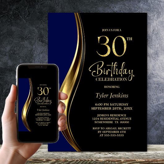 Black Gold Blue 30ste Verjaardagsfeest Kaart