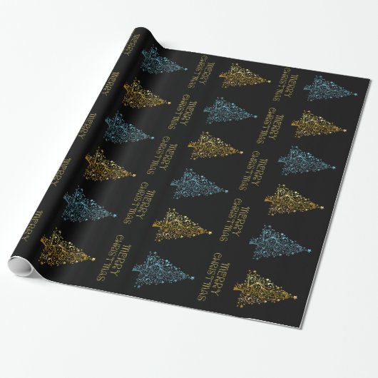 Black Gold Blue Elegant Chic-kerstboomstrips Cadeaupapier (Uitgerold)