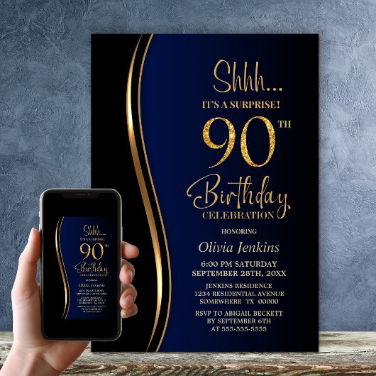 Black Gold Blue Surprise 90ste verjaardag Kaart