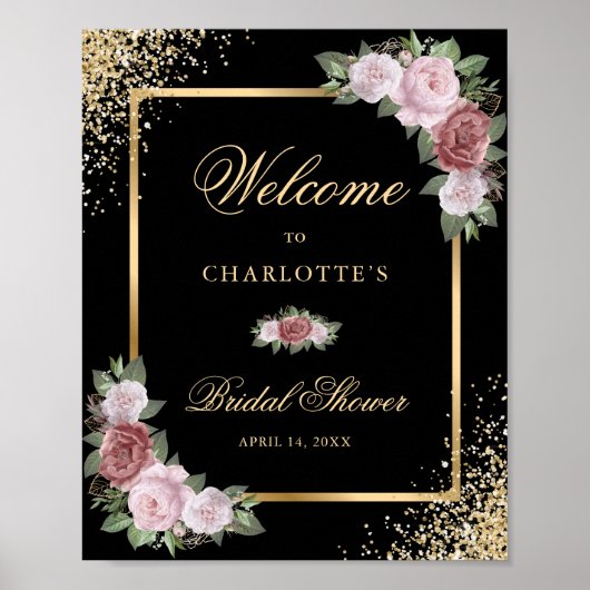 Black Gold Blush Bloemen Vrijgezellenfeest Welkoms Poster (Voorkant)