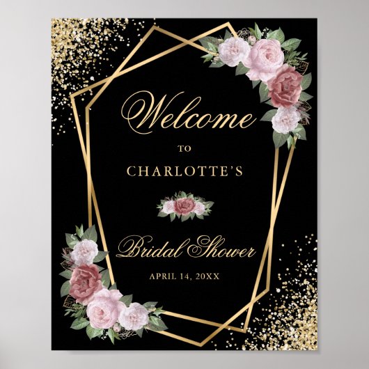 Black Gold Blush Bloemen Vrijgezellenfeest Welkoms Poster (Voorkant)