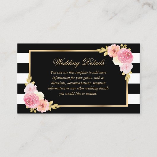 Black Gold Blush Pink Floral bruiloft Details Card Informatiekaartje (Voorkant)