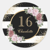 Black Gold Blush Pink Floral Sweet 16 zaterdag Ronde Sticker (Voorkant)
