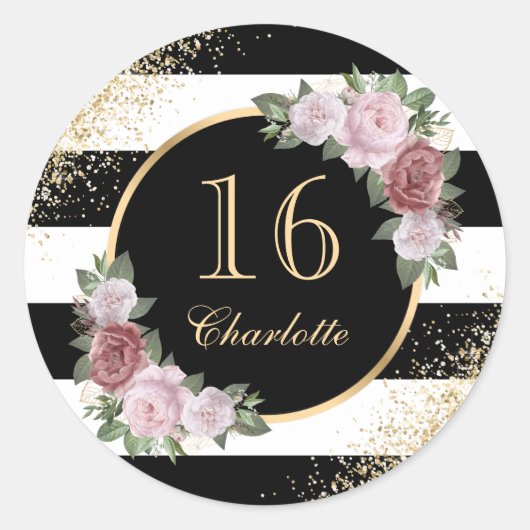 Black Gold Blush Pink Floral Sweet 16 zaterdag Ronde Sticker (Voorkant)