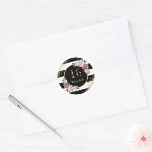 Black Gold Blush Pink Floral Sweet 16 zaterdag Ronde Sticker (Envelop)