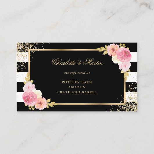 Black Gold Blush Pink Floral Wedding Registry Informatiekaartje (Voorkant)