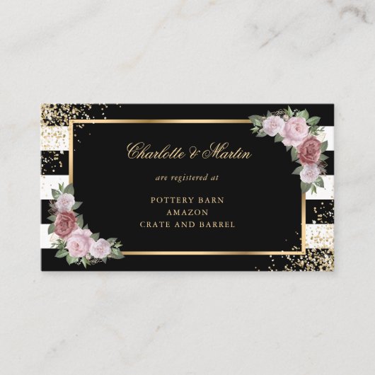 Black Gold Blush Pink Floral Wedding Registry Informatiekaartje (Voorkant)