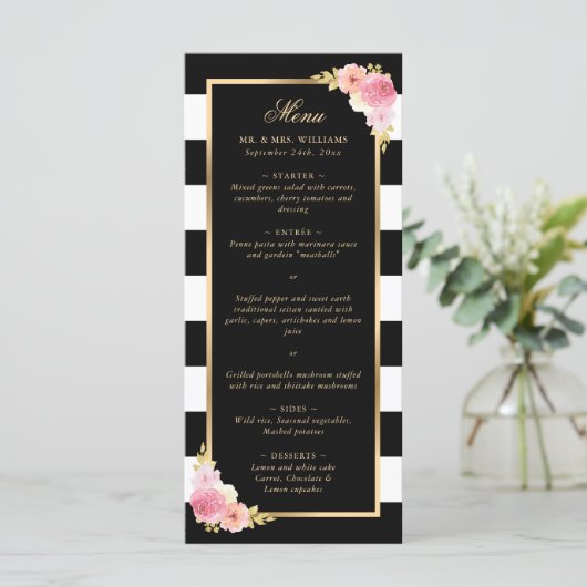 Black Gold Blush Pink Waterverf Floral Wedding Menu (Staand voorkant)