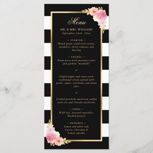 Black Gold Blush Pink Waterverf Floral Wedding Menu (Voorkant)
