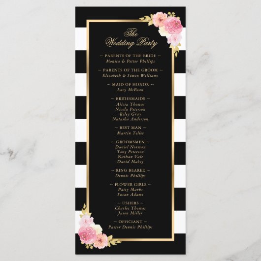 Black Gold Blush Pink Waterverf Floral Wedding Programmakaart (Achterkant)