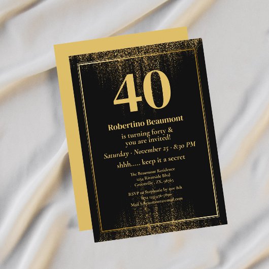 Black Gold Border Glitter Modern 40th Birthday Kaart