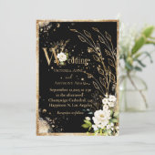 Black Gold Botanical Floral Rustic Wedding Kaart (Staand voorkant)
