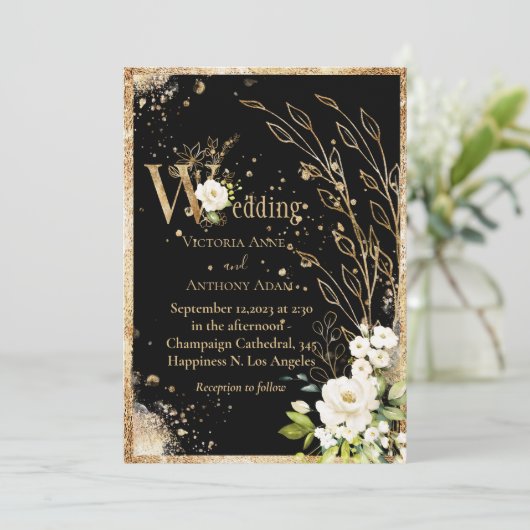 Black Gold Botanical Floral Rustic Wedding Kaart (Staand voorkant)
