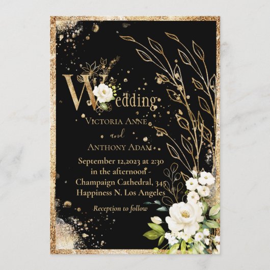 Black Gold Botanical Floral Rustic Wedding Kaart (Voorkant)