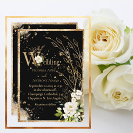 Black Gold Botanical Floral Rustic Wedding Kaart