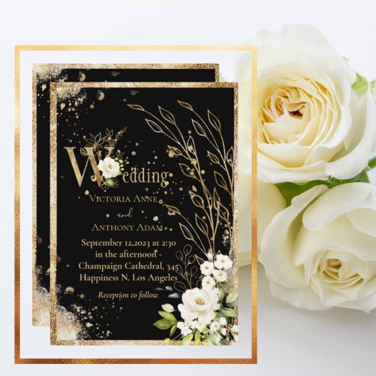 Black Gold Botanical Floral Rustic Wedding Kaart