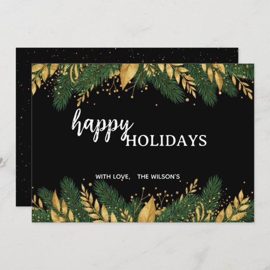 Black & Gold Botanical Happy Holidays Card Feestdagenkaart (Voorkant / Achterkant)