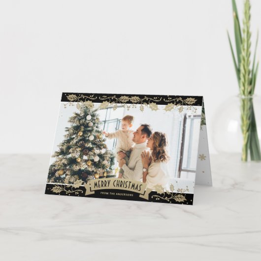 Black Gold Botanical Photo Christmas Card Kaart (Voorkant)