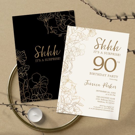 Black Gold Botanical Surprise 90th Birthday Kaart