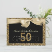 Black Gold Bow 50th Woman's Birthday Invitation Kaart (Staand voorkant)