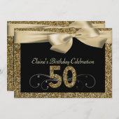 Black Gold Bow 50th Woman's Birthday Invitation Kaart (Voorkant / Achterkant)