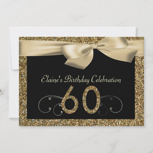 Black Gold Bow 60th Woman's Birthday Invitation Kaart (Voorkant)