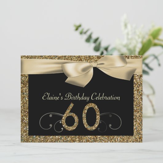 Black Gold Bow 60th Woman's Birthday Invitation Kaart (Staand voorkant)