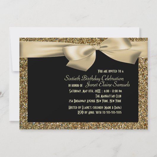 Black Gold Bow 60th Woman's Birthday Invitation Kaart (Achterkant)