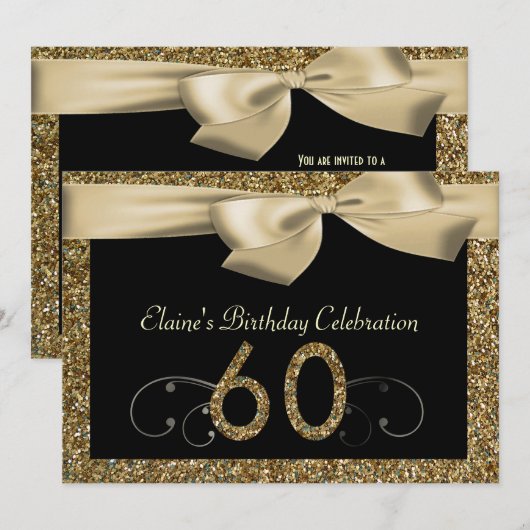 Black Gold Bow 60th Woman's Birthday Invitation Kaart (Voorkant / Achterkant)