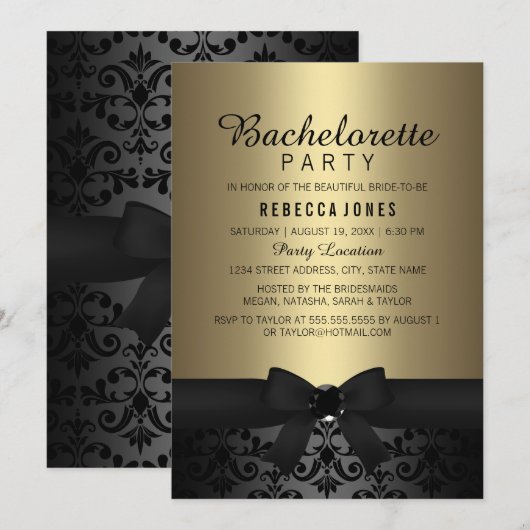 Black & Gold Bow Bachelorette Party Uitnodigen Kaart (Voorkant / Achterkant)