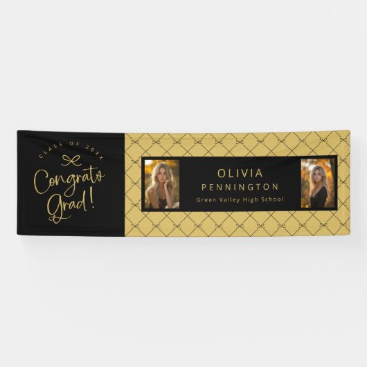Black Gold Bows 2 Foto Congrats Afstudeerder Party Spandoek (Horizontaal)