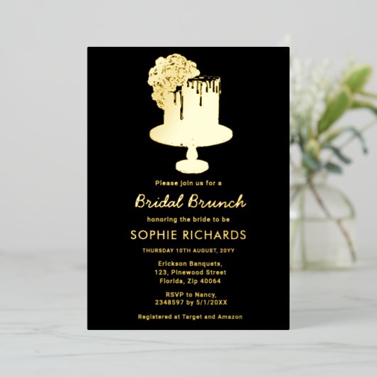 Black Gold Bridal Brunch Luncheon Folie Uitnodiging (Staand Voorkant)