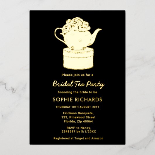Black Gold Bridal Tea Party Folie Invitation Folie Uitnodiging (Voorkant)
