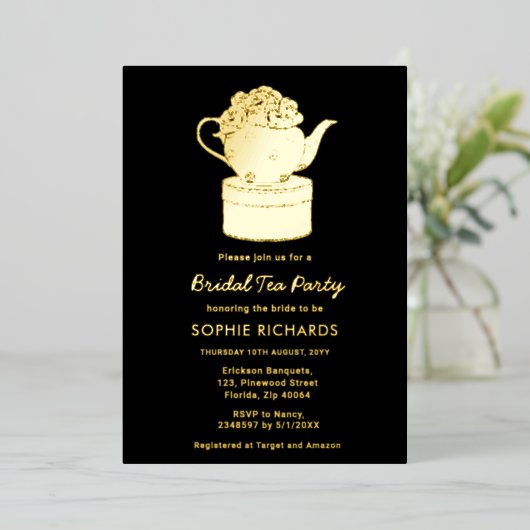 Black Gold Bridal Tea Party Folie Invitation Folie Uitnodiging (Staand Voorkant)