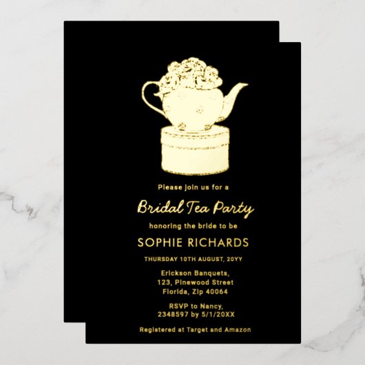 Black Gold Bridal Tea Party Folie Invitation Folie Uitnodiging (Voorkant / Achterkant)