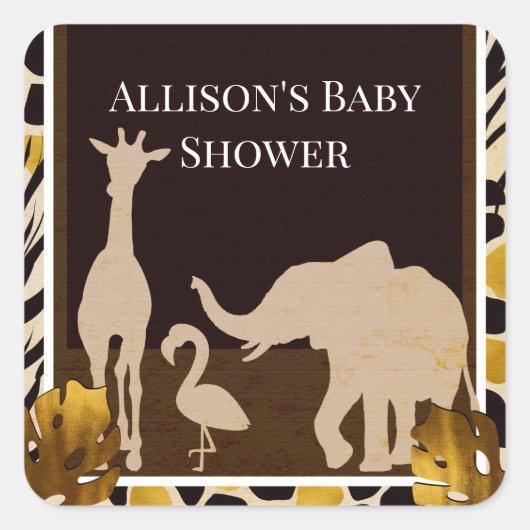 Black Gold Brown Zoo Animals Safari Print Party Vierkante Sticker (Voorkant)