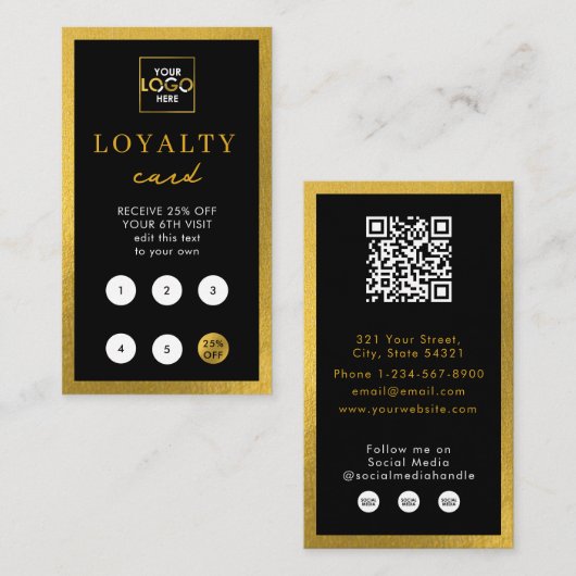 Black Gold Business Logo QR Code Loyaliteit Visitekaartje (Voorkant / Achterkant)