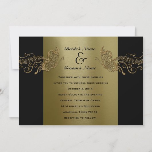 Black Gold Butterfly Music Wedding Invitations Kaart (Voorkant)