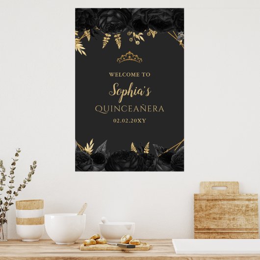 Black Gold Butterfly Quinceañera Welcome Sign. Poster (Keuken)