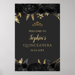 Black Gold Butterfly Quinceañera Welcome Sign. Poster